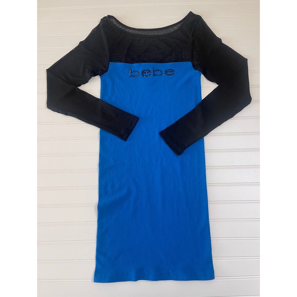 Vintage Bebe Y2K Blue Dress Black Mesh Sleeves Bodycon - Size‎ Women's Medium